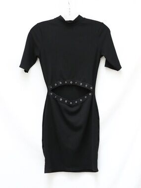 Missguided black dress mini short slim fit front eyelet front cut 4 silver club